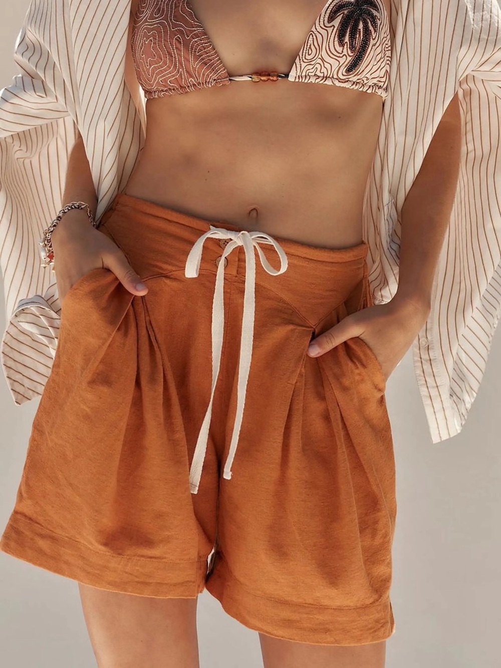 Free People Rust Orange Drawstring Linen Shorts